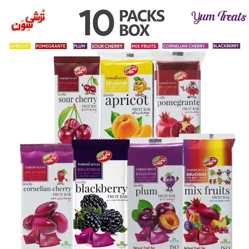 Buy Torshi Sevan Fruity Bar Mix (10 Packs, 7 Flavours) online in Pakistan. Apricot, Pomegranate, Plum, Sour Cherry, Blackberry, Cornelian Cherry and Mix Fruits. Authentic imported lavashak fruit bars. Order now on Yum Treats.